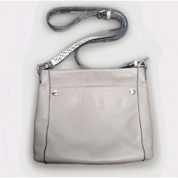 Prüne Gray Leather Pebbled Silver Hardware Crossbody Bag Purse Faux Snake Strap - Picture 1 of 12